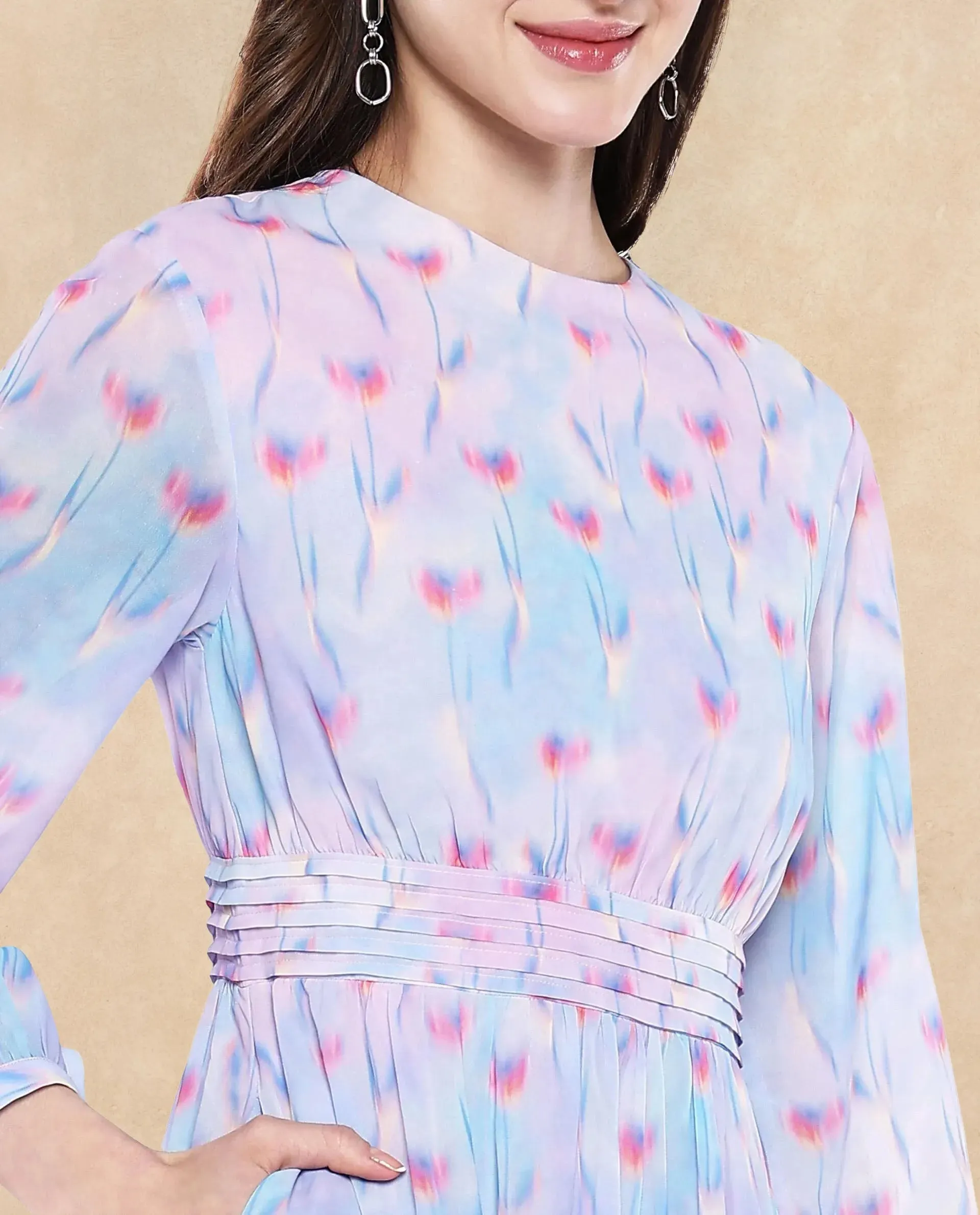 Rareism Women Yasopp Multi Polyester Fabric Bishop Sleeve Round Neck Zipper Closure Fit And Flare Midi Abstract Print Dress
