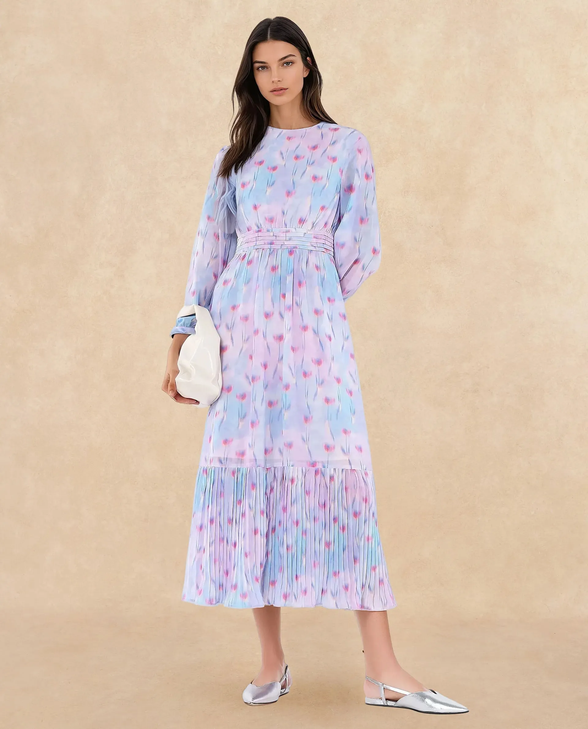 Rareism Women Yasopp Multi Polyester Fabric Bishop Sleeve Round Neck Zipper Closure Fit And Flare Midi Abstract Print Dress