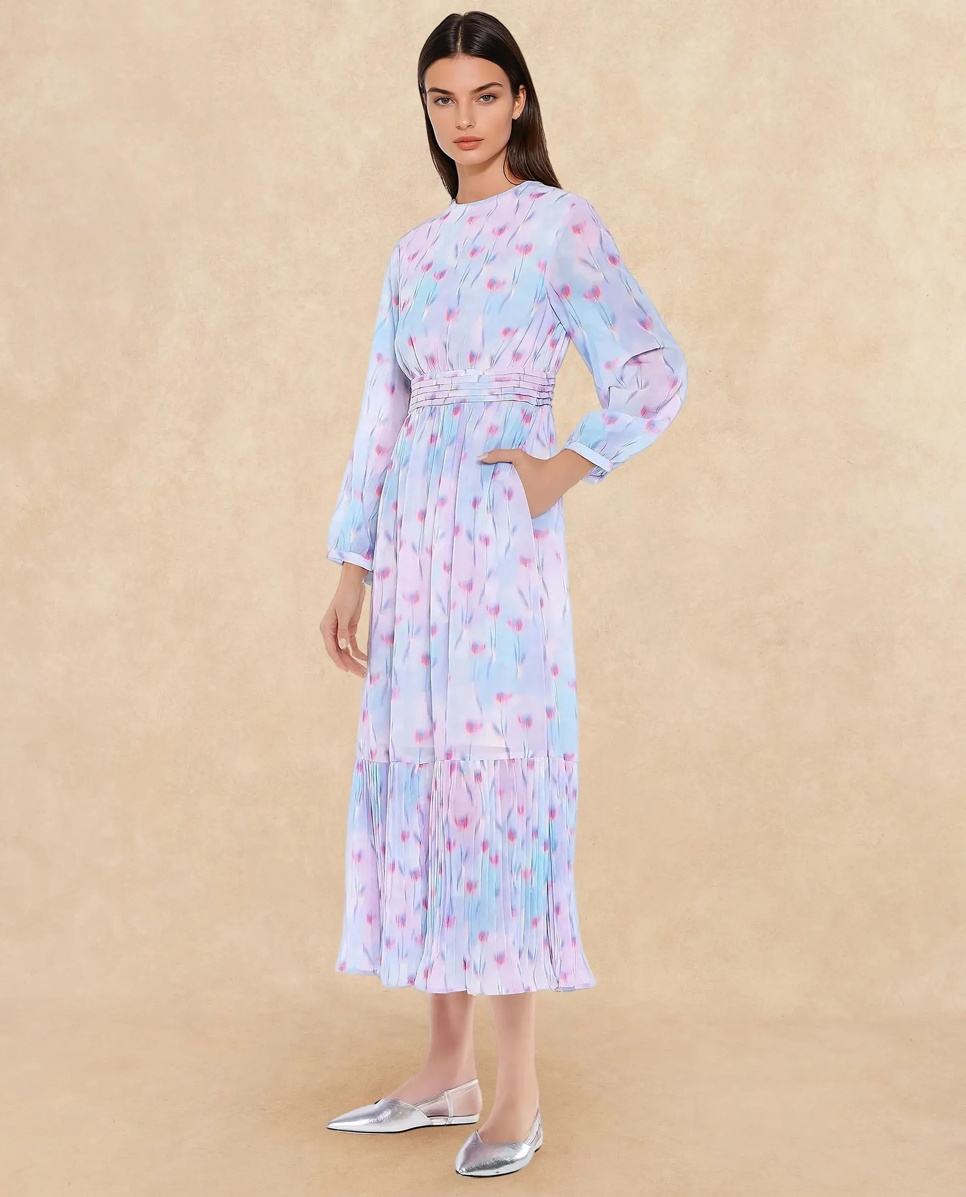 Rareism Women Yasopp Multi Polyester Fabric Bishop Sleeve Round Neck Zipper Closure Fit And Flare Midi Abstract Print Dress