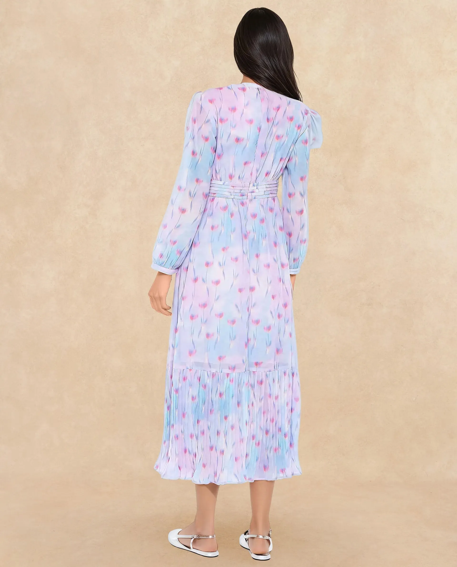 Rareism Women Yasopp Multi Polyester Fabric Bishop Sleeve Round Neck Zipper Closure Fit And Flare Midi Abstract Print Dress