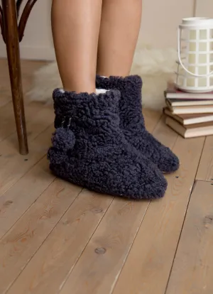 Real Womens Boucle Sheepskin Slipper Home Boots in Aubergine Color With Pom Pom