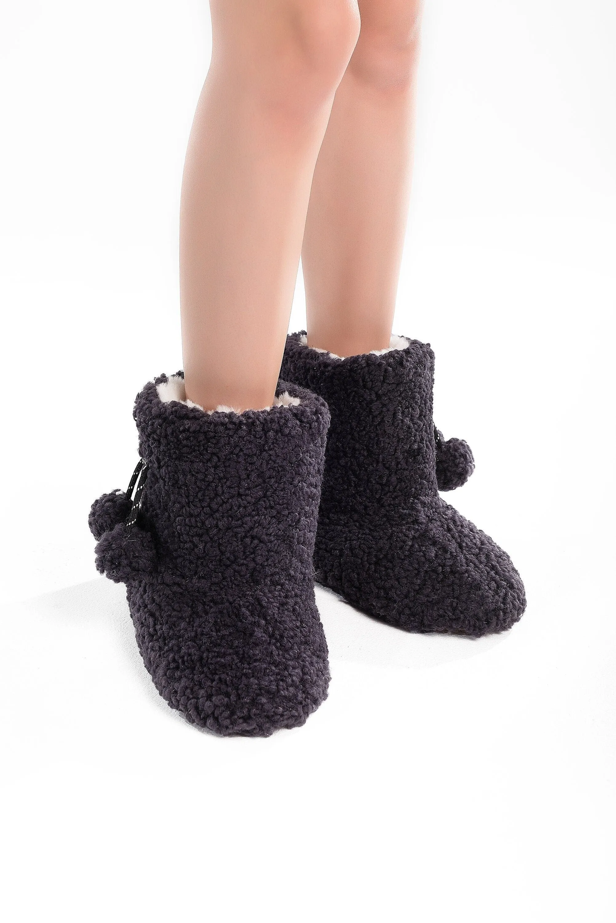 Real Womens Boucle Sheepskin Slipper Home Boots in Aubergine Color With Pom Pom