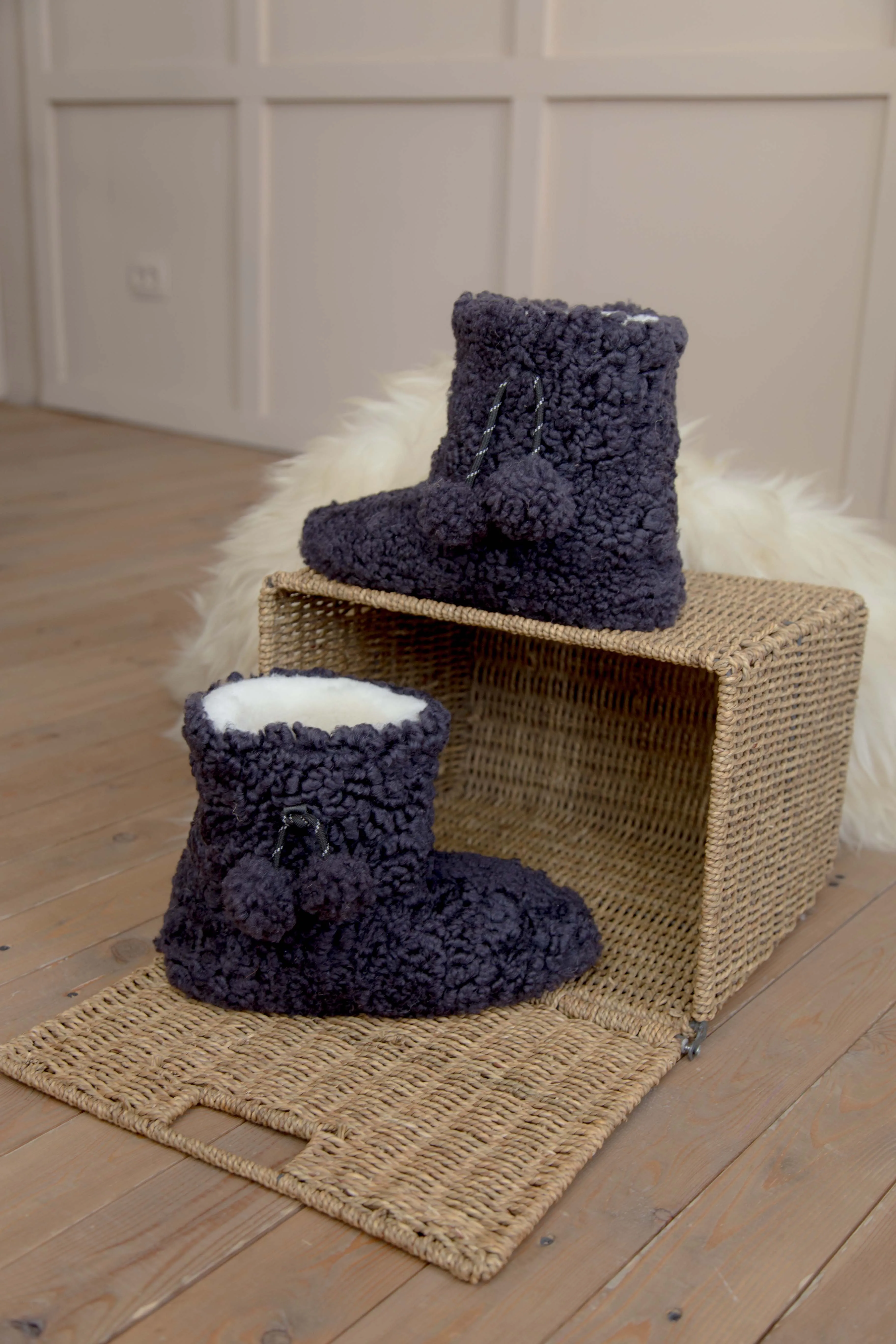 Real Womens Boucle Sheepskin Slipper Home Boots in Aubergine Color With Pom Pom