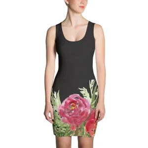 Red Rose Flower Dress, Black Floral Print Women's Sleeveless Designer Dress - Made in USA/EU