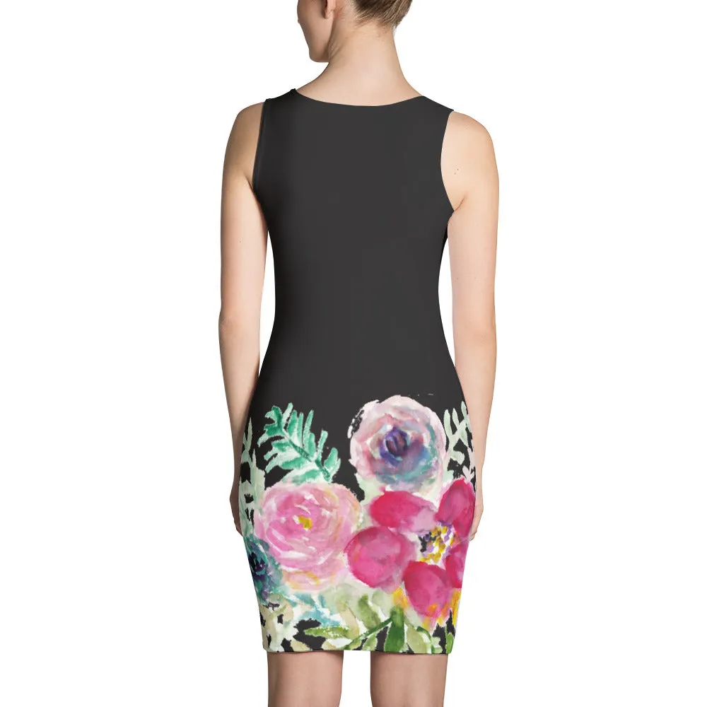 Red Rose Flower Dress, Black Floral Print Women's Sleeveless Designer Dress - Made in USA/EU