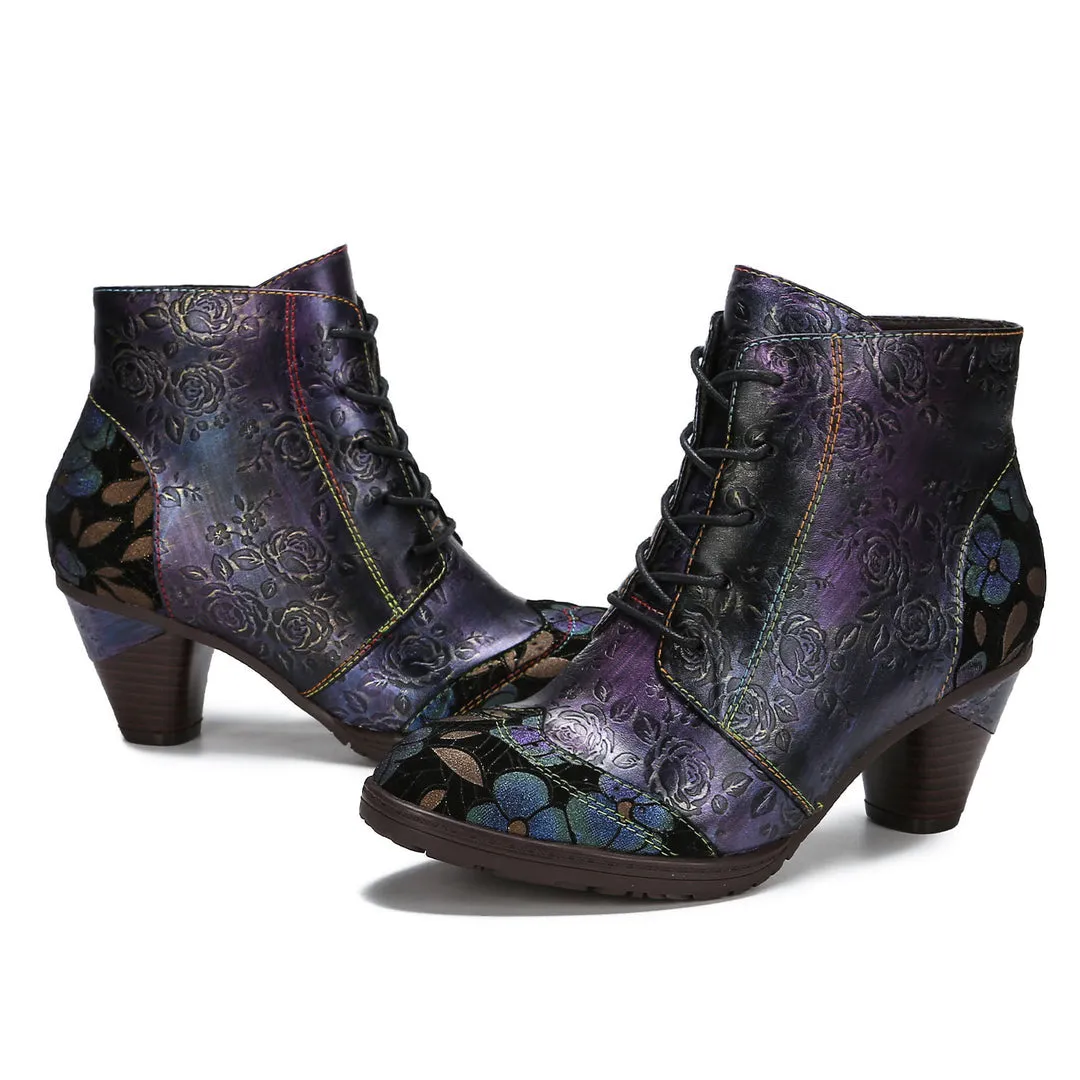 Retro Leather Embossed Comfy Ankle Boots