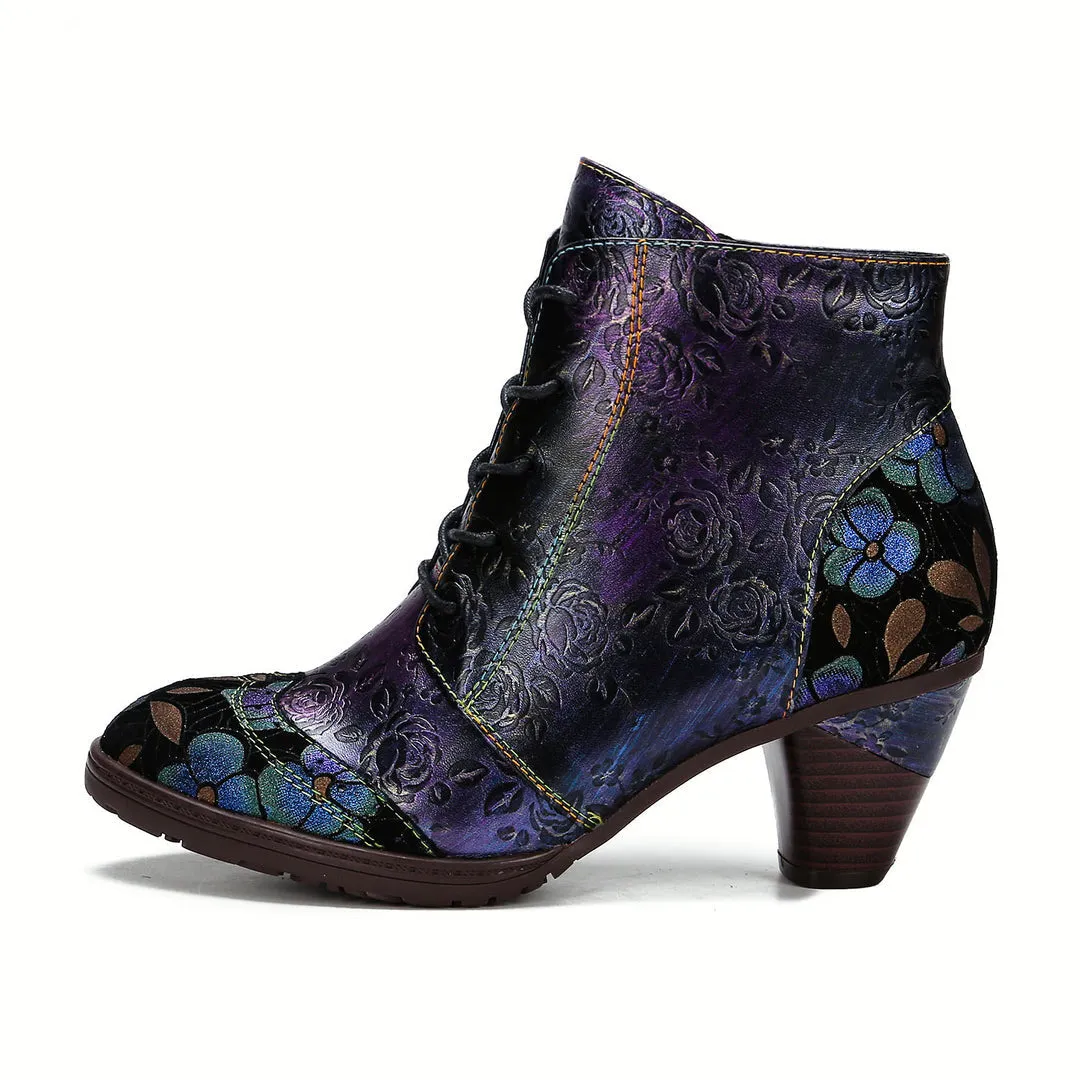 Retro Leather Embossed Comfy Ankle Boots