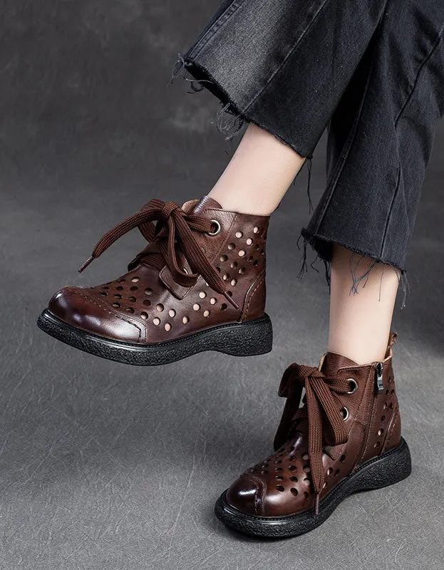 Retro Leather Hollow Wide Toe Box Ankle Boots