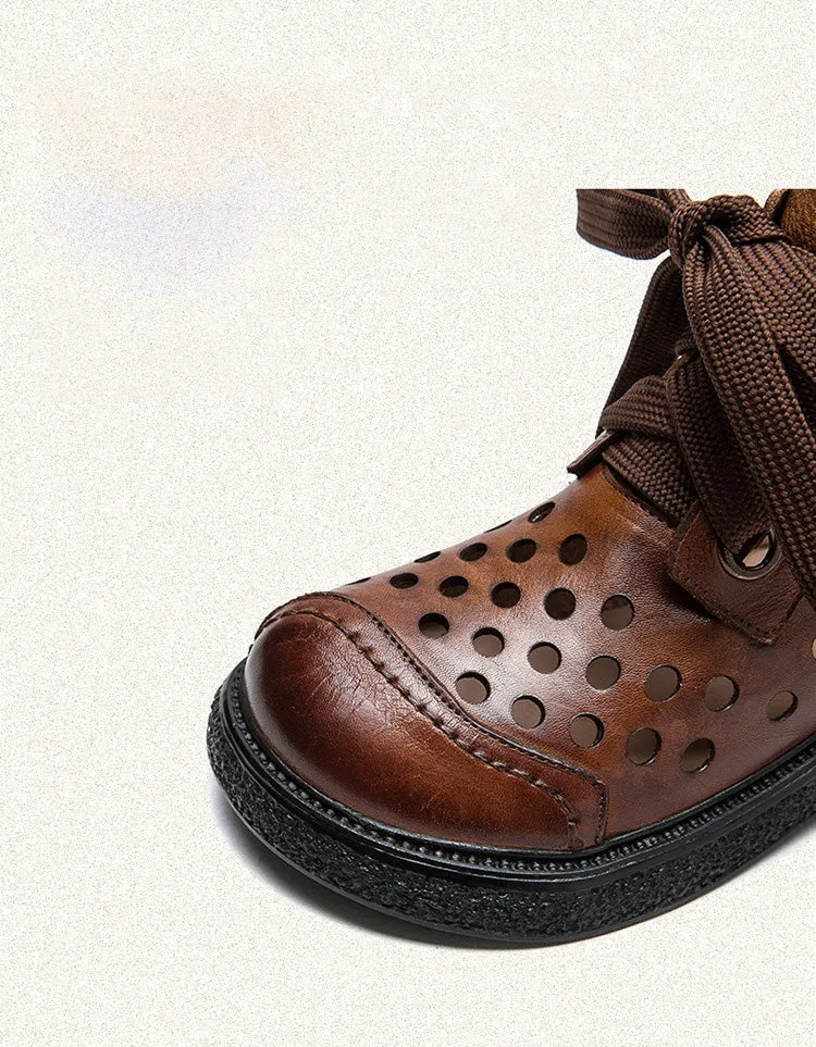 Retro Leather Hollow Wide Toe Box Ankle Boots