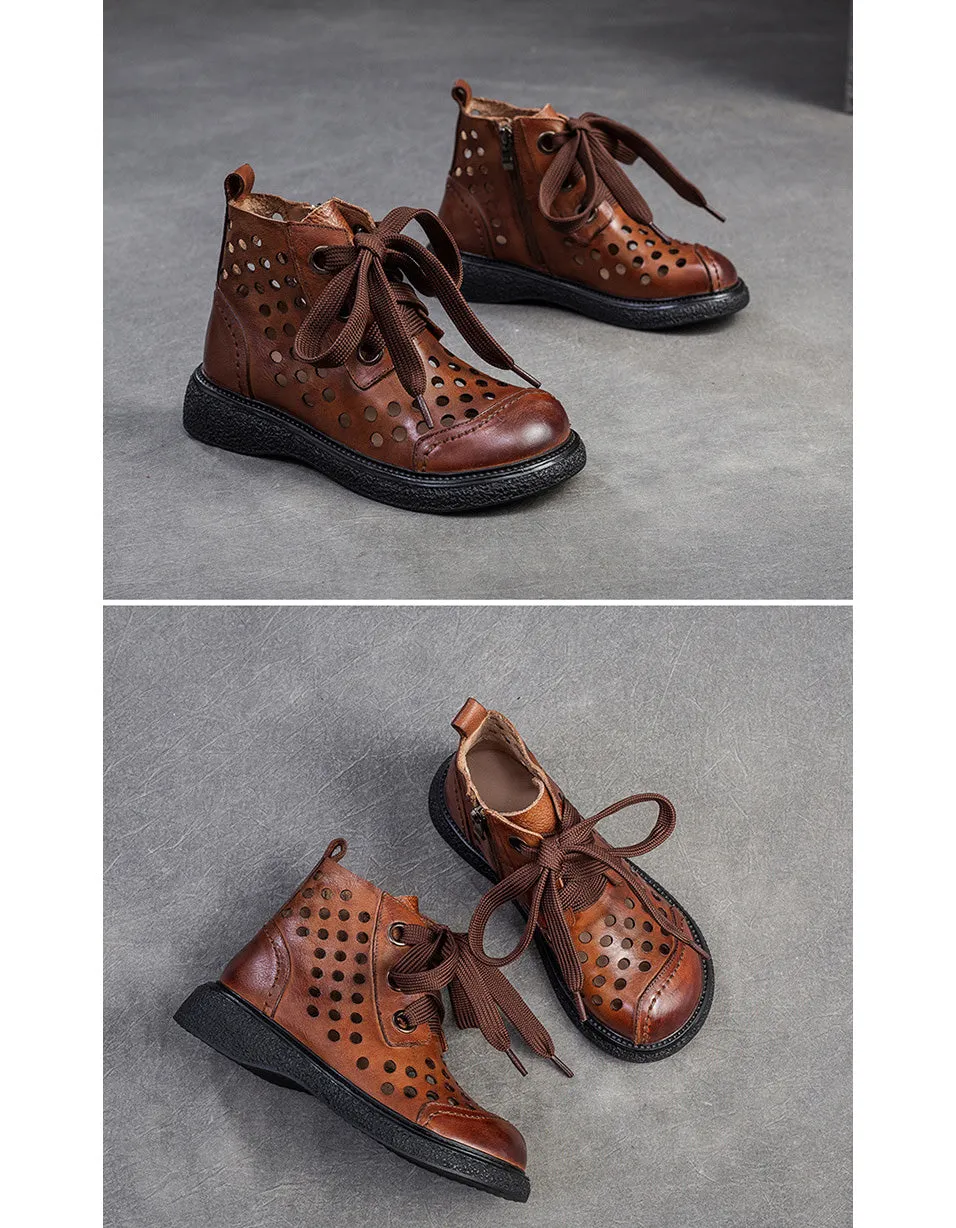 Retro Leather Hollow Wide Toe Box Ankle Boots