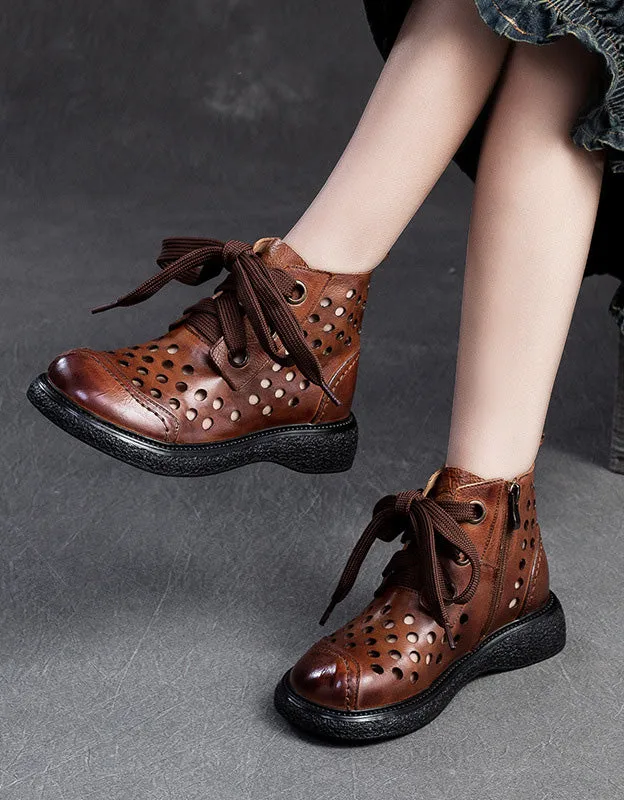 Retro Leather Hollow Wide Toe Box Ankle Boots