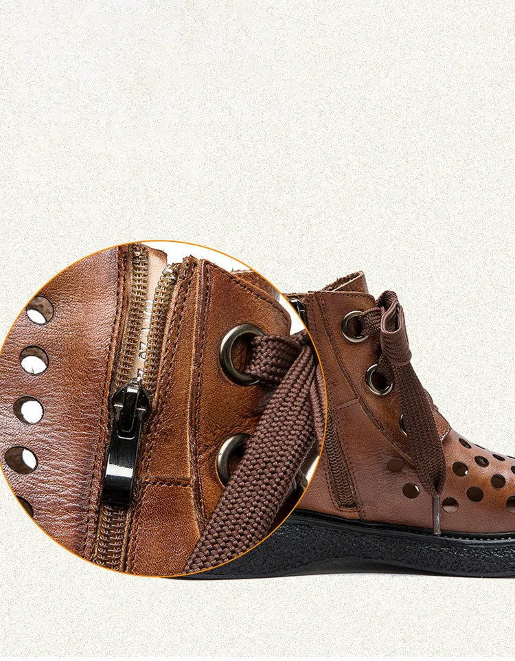 Retro Leather Hollow Wide Toe Box Ankle Boots
