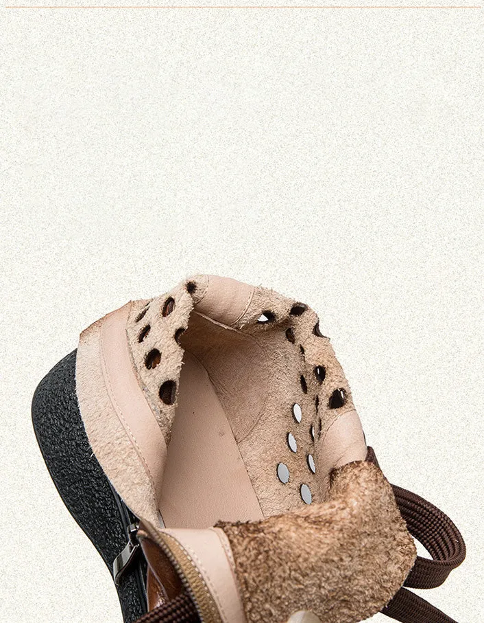 Retro Leather Hollow Wide Toe Box Ankle Boots