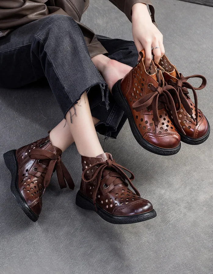 Retro Leather Hollow Wide Toe Box Ankle Boots