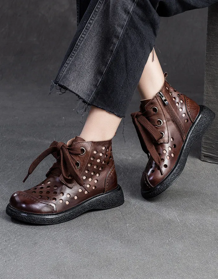 Retro Leather Hollow Wide Toe Box Ankle Boots