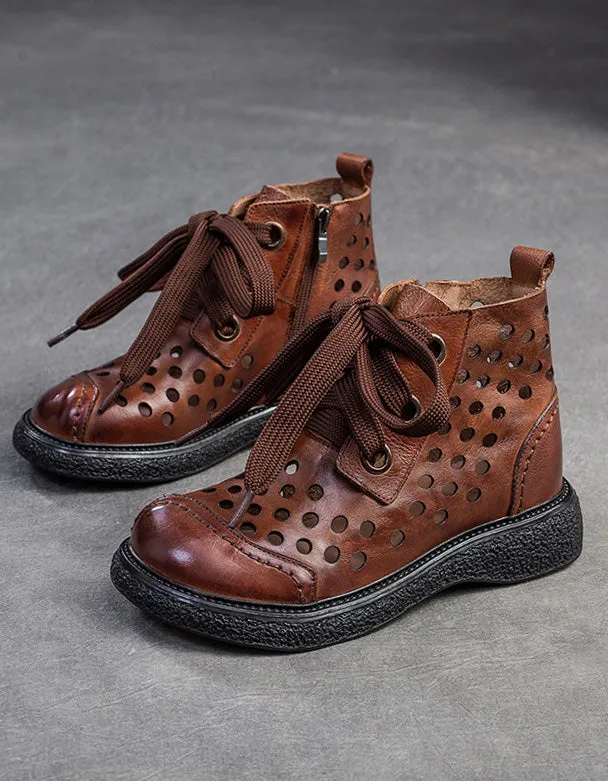 Retro Leather Hollow Wide Toe Box Ankle Boots