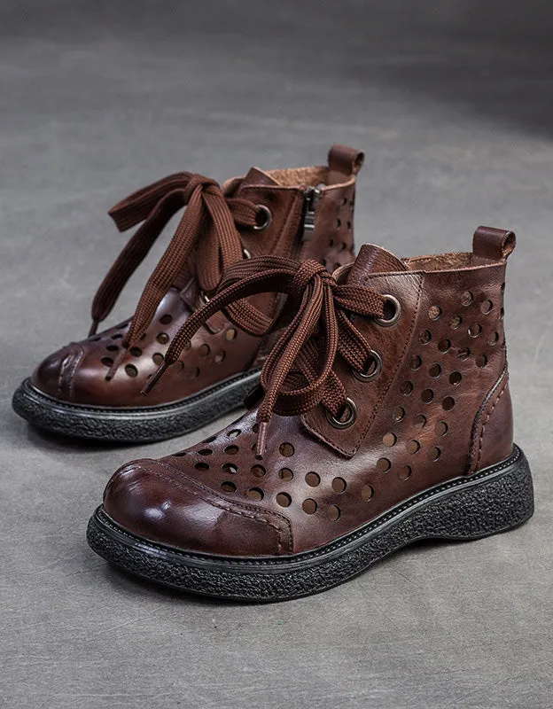 Retro Leather Hollow Wide Toe Box Ankle Boots