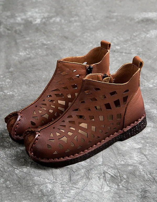Retro Leather Soft Bottom Hollow Summer Boots