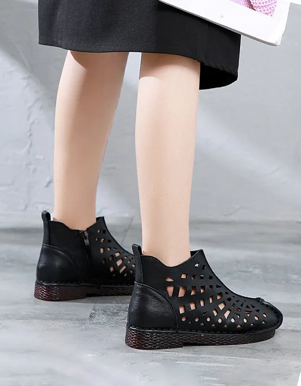 Retro Leather Soft Bottom Hollow Summer Boots