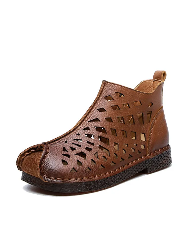 Retro Leather Soft Bottom Hollow Summer Boots