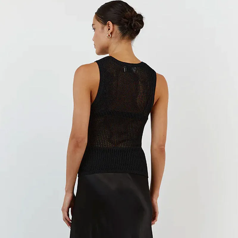 Sexy Crew Neck Sleeveless Sheer Openwork Knit Fitted Top