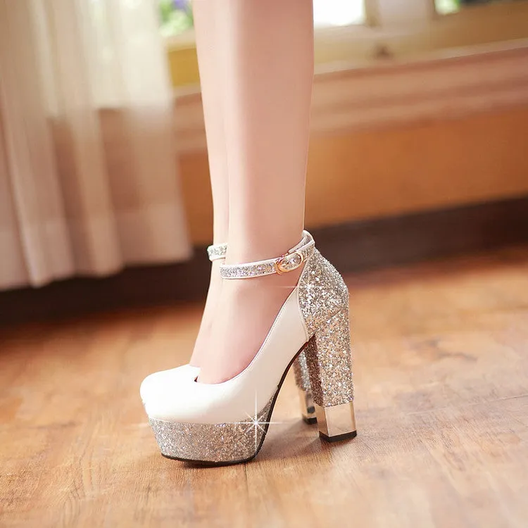 Shinning Rhinestone Platform Round Toe Low Cut Ankle Wrap High Chunky Heels Prom Shoes