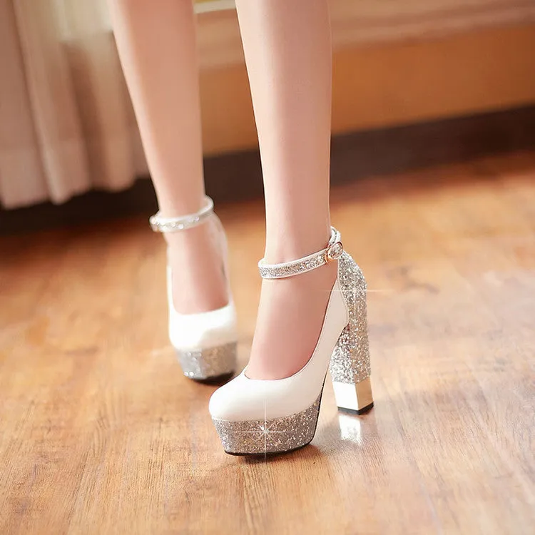 Shinning Rhinestone Platform Round Toe Low Cut Ankle Wrap High Chunky Heels Prom Shoes