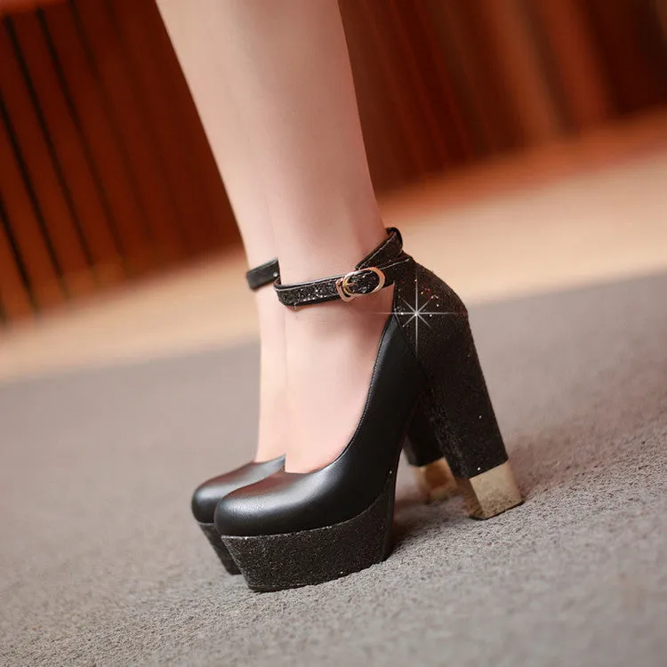 Shinning Rhinestone Platform Round Toe Low Cut Ankle Wrap High Chunky Heels Prom Shoes