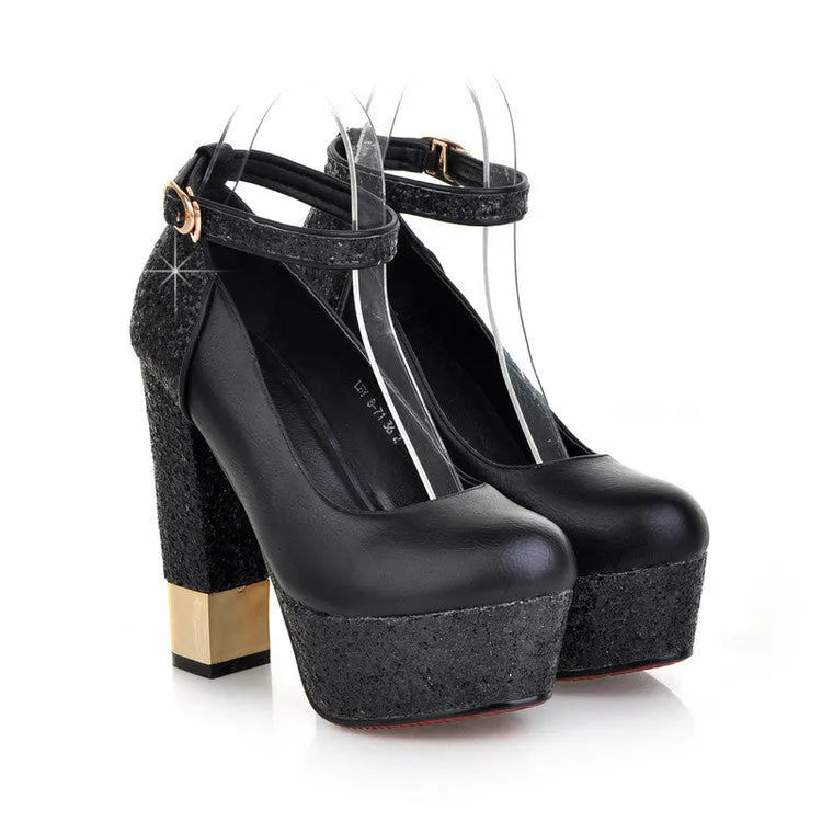 Shinning Rhinestone Platform Round Toe Low Cut Ankle Wrap High Chunky Heels Prom Shoes