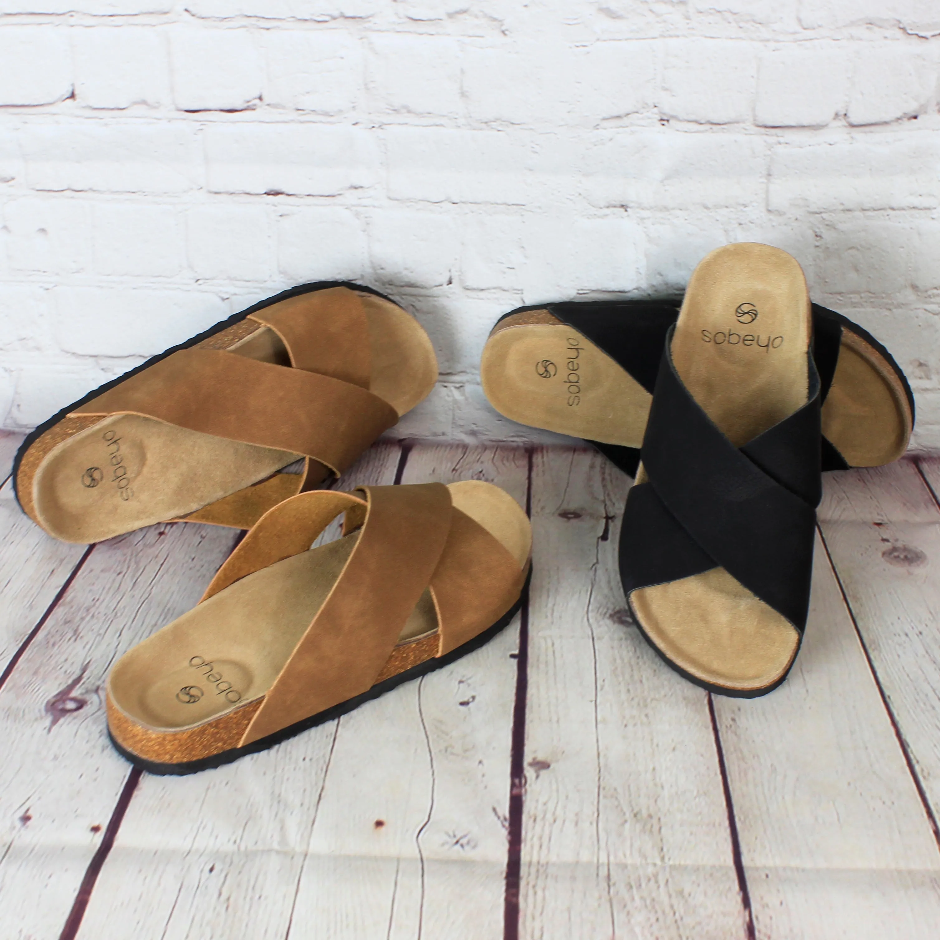 SOBEYO Classic Cork Sandals Criss-Cross Strap Slip On Taupe