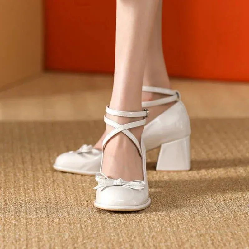 Sohiwoo Ladies Lolita Sweet Fashion Shoes Retro Cross-Tie Pumps Casual Summer Marry Janes Round Toe Shoes Woman Bow Design