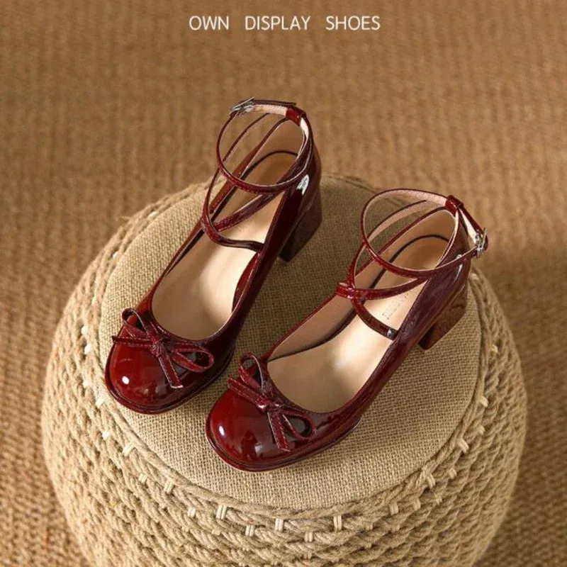 Sohiwoo Ladies Lolita Sweet Fashion Shoes Retro Cross-Tie Pumps Casual Summer Marry Janes Round Toe Shoes Woman Bow Design