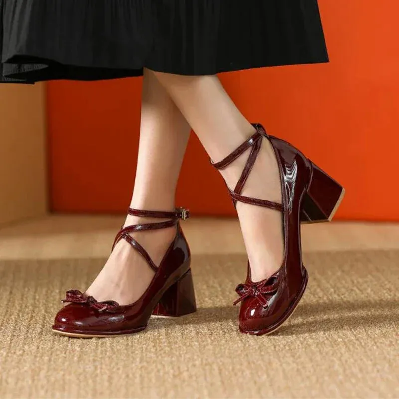 Sohiwoo Ladies Lolita Sweet Fashion Shoes Retro Cross-Tie Pumps Casual Summer Marry Janes Round Toe Shoes Woman Bow Design