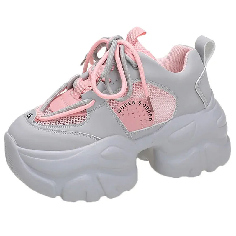Sohiwoo Women's Chunky Sneakers  Autumn Breathable Mesh Platform Casual Shoes Ladies Mix Color Lace-Up Vulcanize Shoes Woman