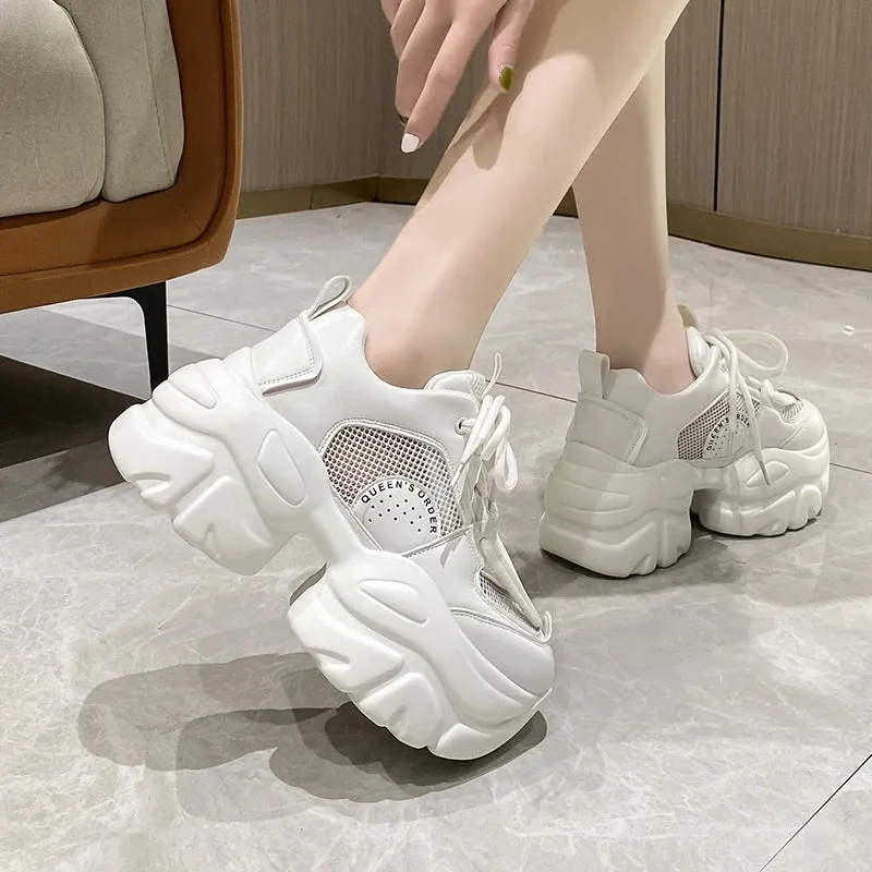 Sohiwoo Women's Chunky Sneakers  Autumn Breathable Mesh Platform Casual Shoes Ladies Mix Color Lace-Up Vulcanize Shoes Woman