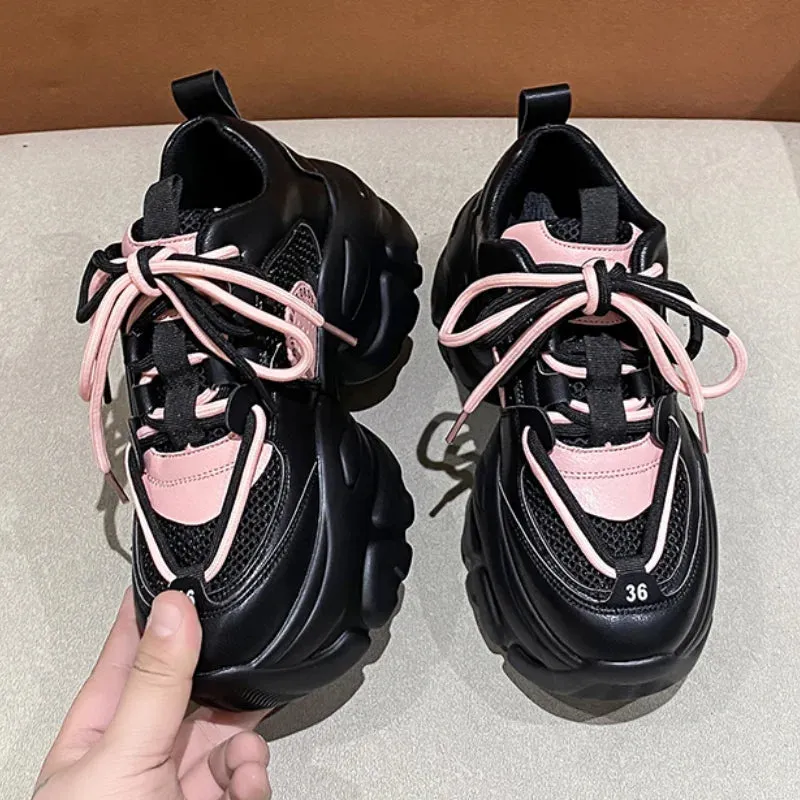 Sohiwoo Women's Chunky Sneakers  Autumn Breathable Mesh Platform Casual Shoes Ladies Mix Color Lace-Up Vulcanize Shoes Woman