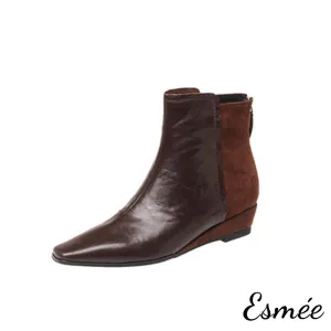 Suede Leather Ankle Boots with Wedge Heels