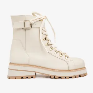 The Belgrano Cream Leather Lace-Up Ankle Women Boot With a Side Zipper