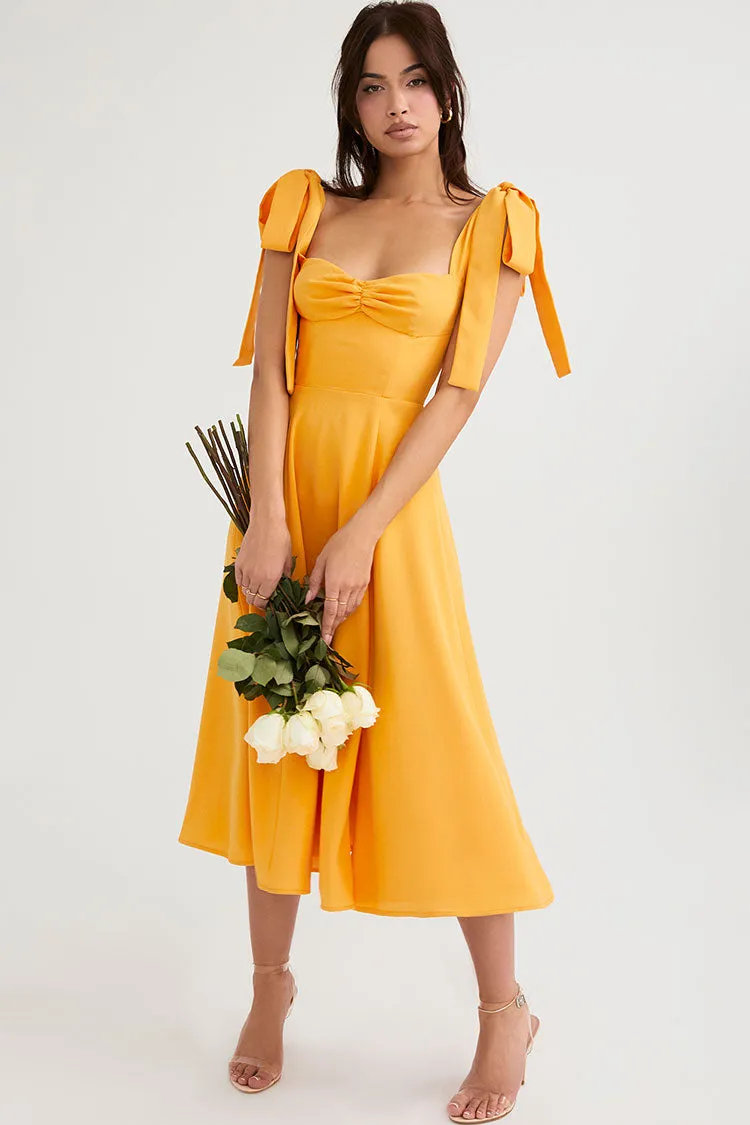 Tie Strap Fit & Flare High Slit Slip Midi Dress - Yellow