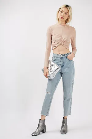 Topshop Womens Nude Long Sleeve Twist Front Crop Top
