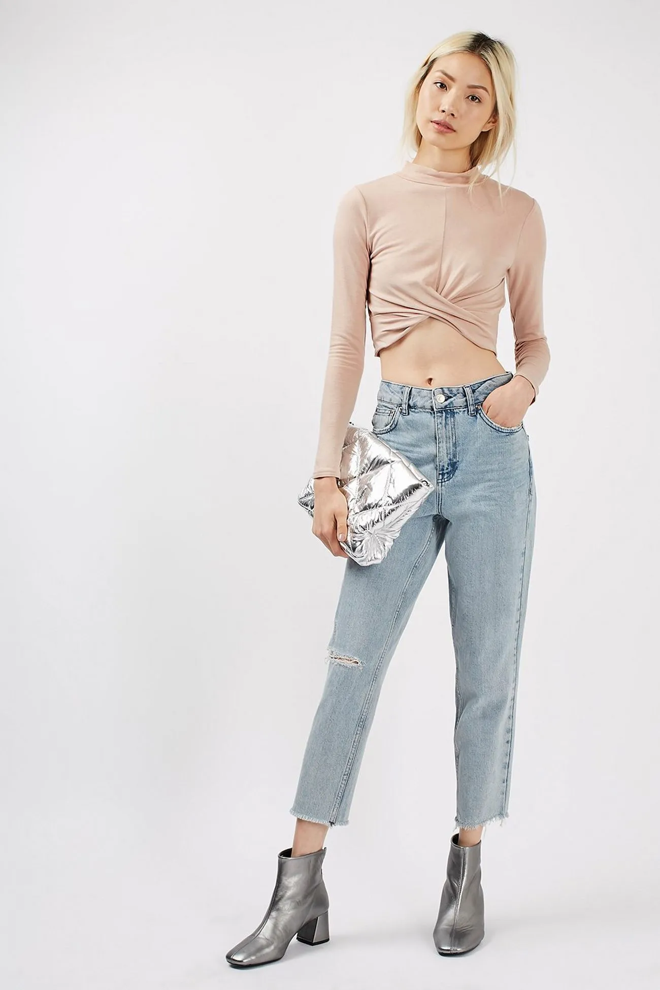 Topshop Womens Nude Long Sleeve Twist Front Crop Top