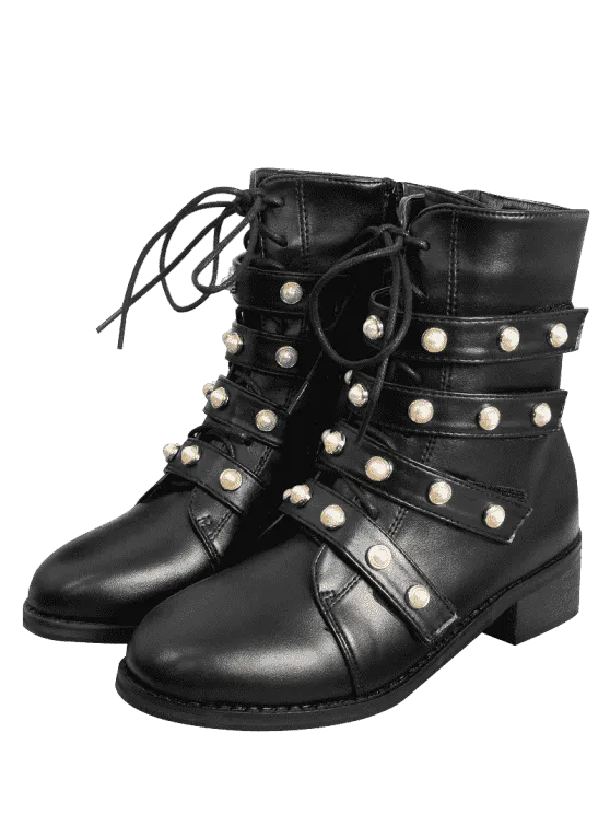 Trendy Front Tie Faux Pearl Accent Ankle Boots