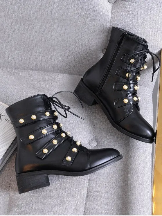 Trendy Front Tie Faux Pearl Accent Ankle Boots