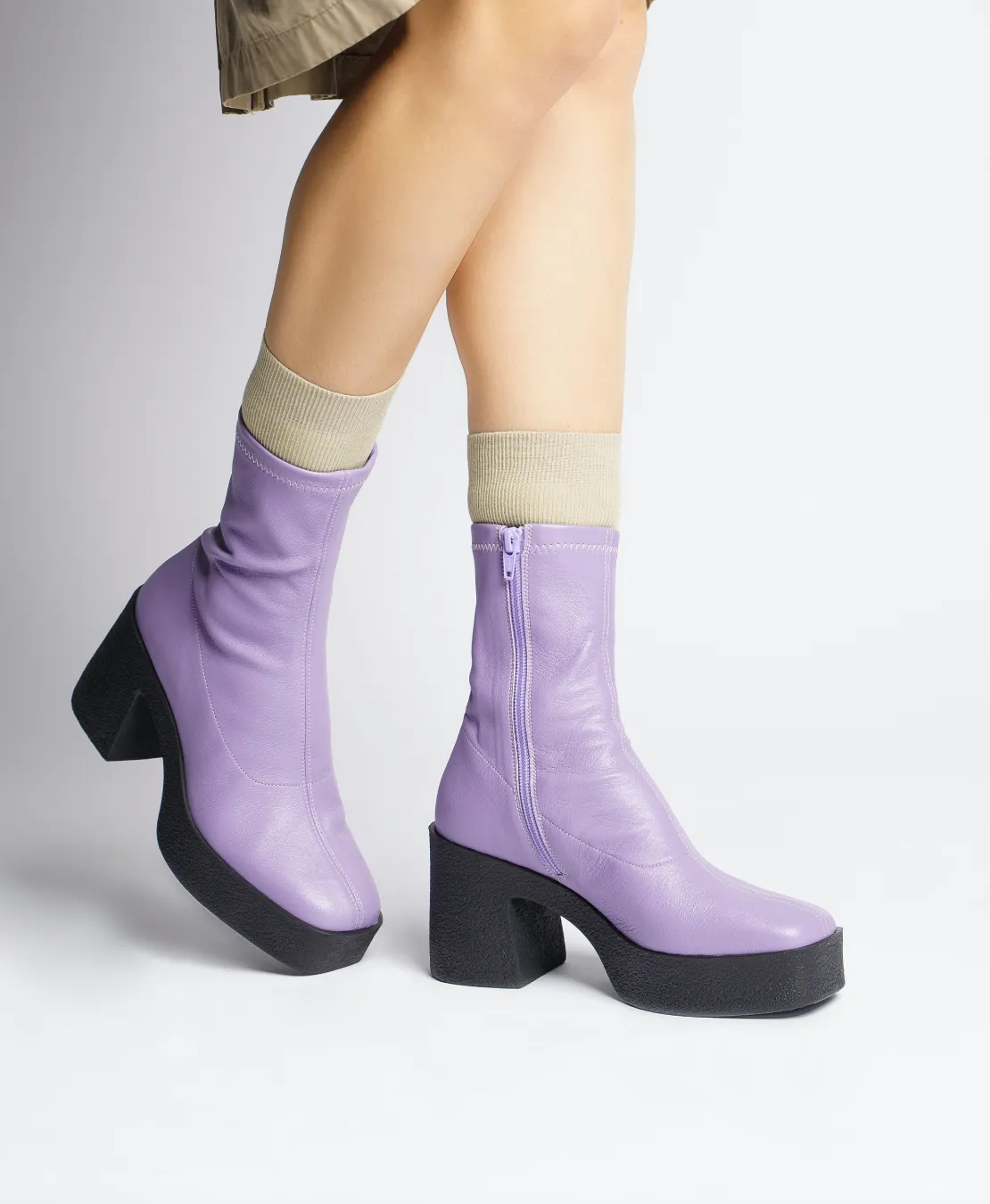 Umi Pastel Lilac Stretch Leather Chunky Ankle Boots