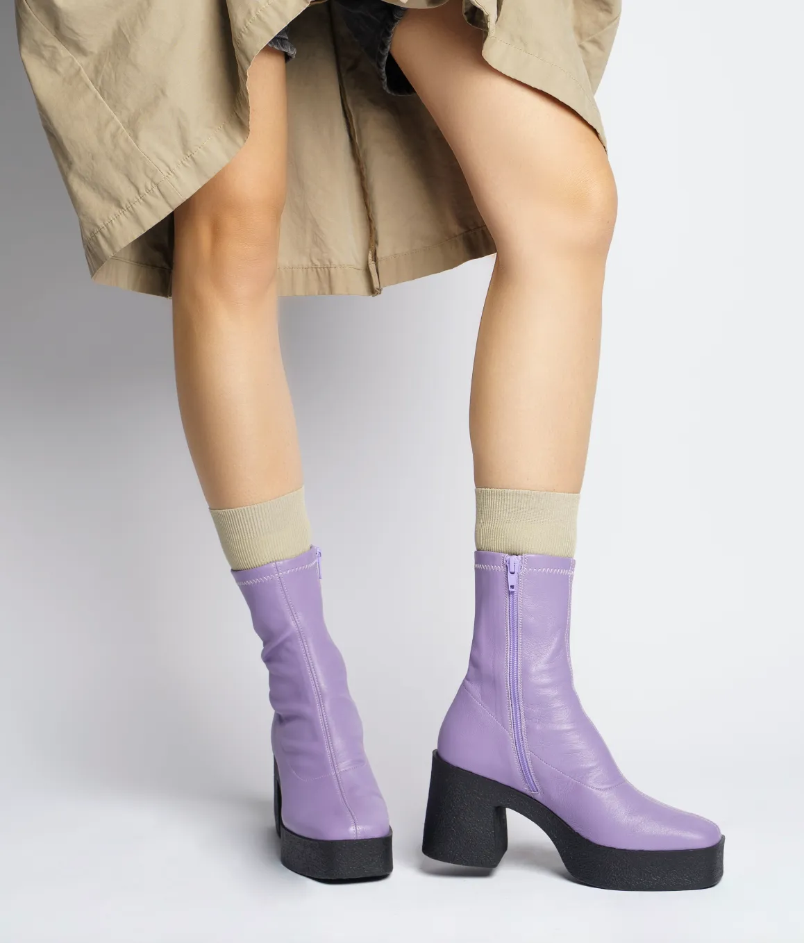 Umi Pastel Lilac Stretch Leather Chunky Ankle Boots
