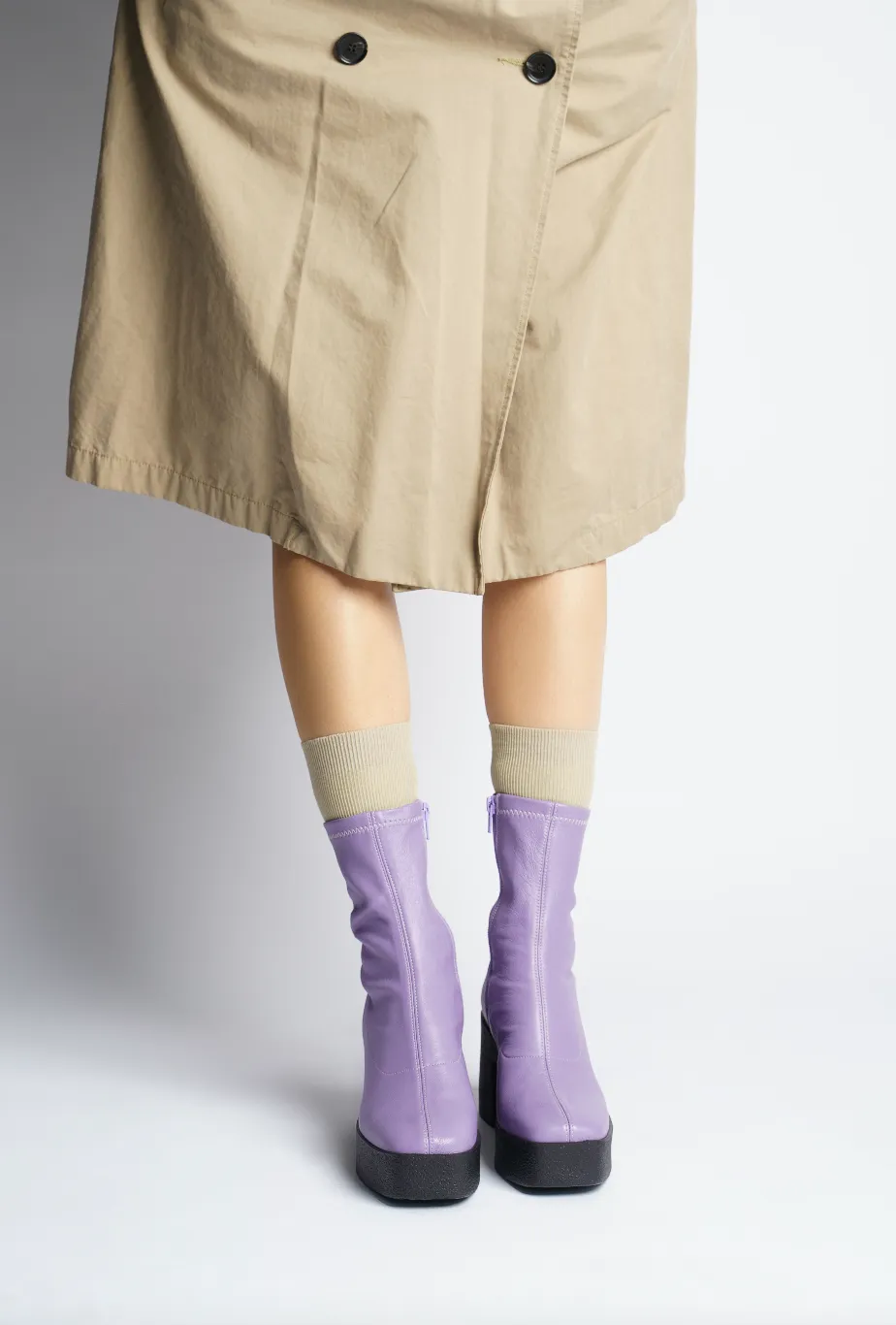Umi Pastel Lilac Stretch Leather Chunky Ankle Boots