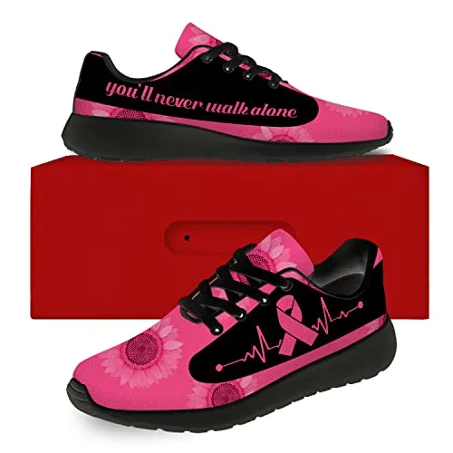Uminder Womens Breast Cancer Awareness Shoes Mens Running Shoes Walking Tennis Sneakers Breast Cancer Ribbon Pink Sunflower Shoes Gifts for Mom Women,Size 7.5 Men/9 Women Black