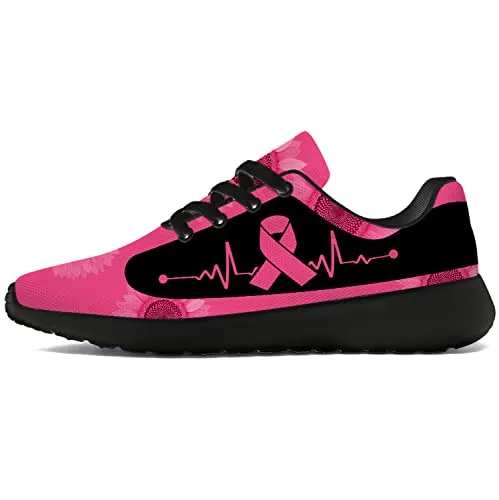 Uminder Womens Breast Cancer Awareness Shoes Mens Running Shoes Walking Tennis Sneakers Breast Cancer Ribbon Pink Sunflower Shoes Gifts for Mom Women,Size 7.5 Men/9 Women Black