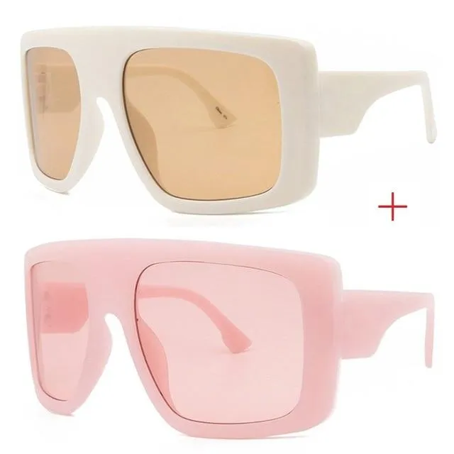 Vintage Women's Beige Large Shield Oversized Celebrity Square Sunglasses