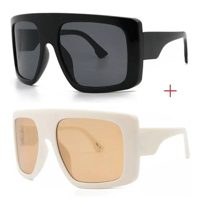 Vintage Women's Beige Large Shield Oversized Celebrity Square Sunglasses
